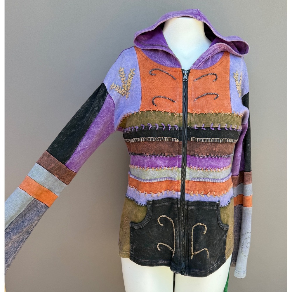 Rising International Patchwork Hoodie Large Purple Boho Embroidered Zip Jacket